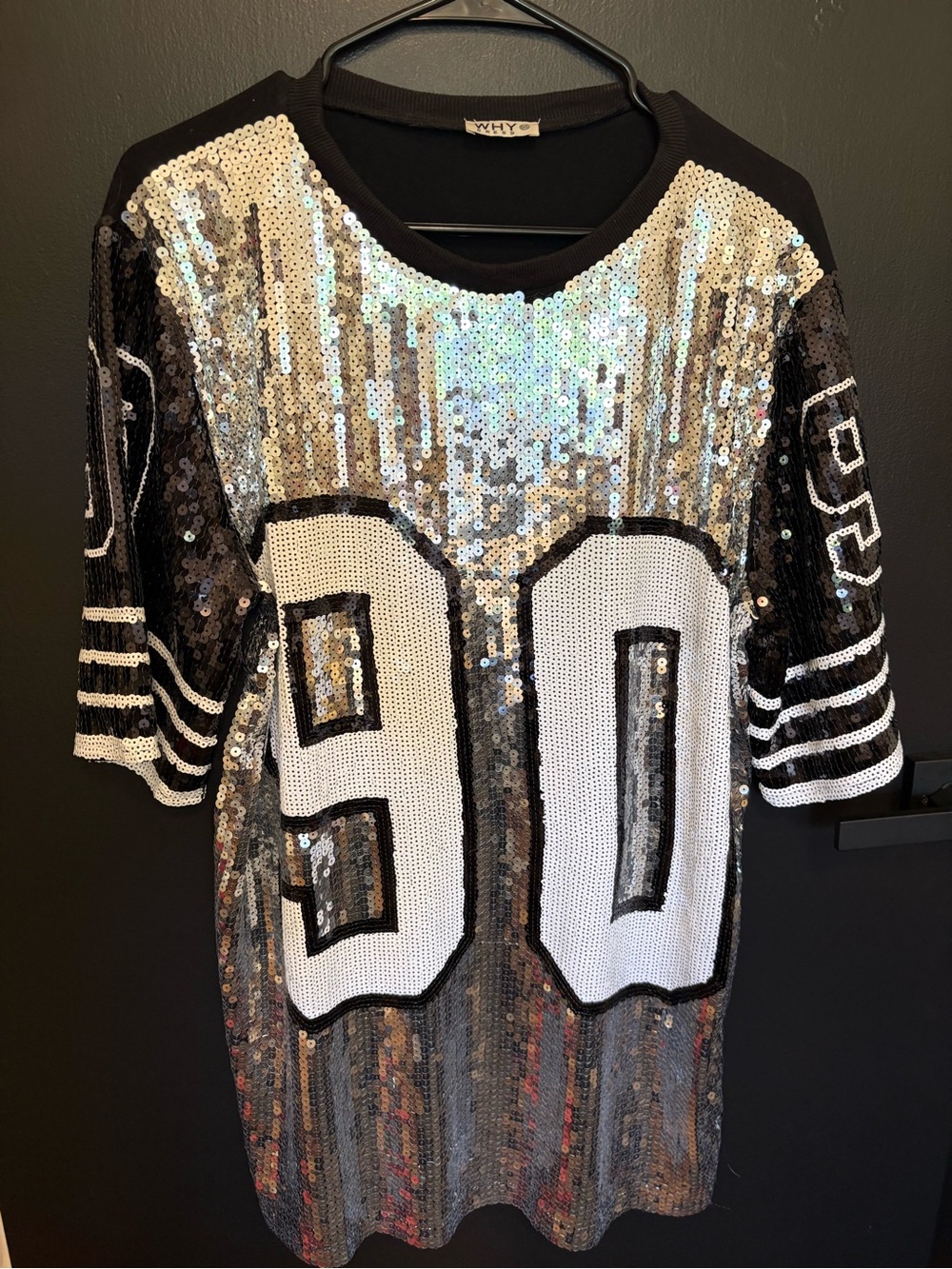 WHY Sequin Oversized Dress with Metallic Silver & Black '90' Applique